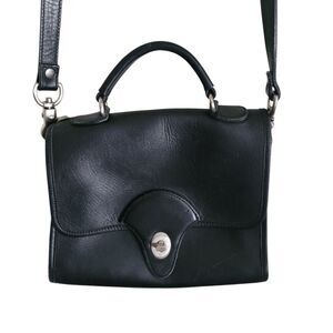 Vintage Kirkland Turn Lock Genuine Leather Crossbody Bag Purse Black Silver